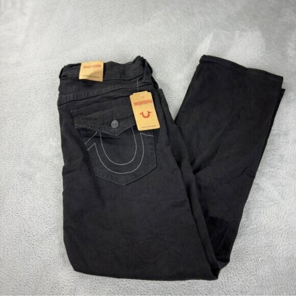 True Religion NWT Mens Size 36x30 Black Denim Relaxes Flared Jeans Zipper Fly - Picture 1 of 6